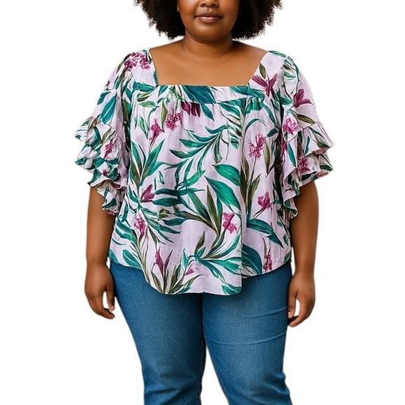 NWT Terra & Sky 2X Hawaiian Print Ruffle Sleeve Bloyse Square Neck - Picture 1 of 9
